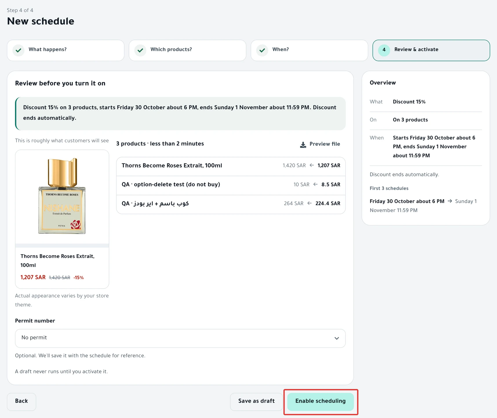 The Review & activate step: the schedule sentence, the "This is roughly what customers will see" card, the before and after price list, and the Enable scheduling button.