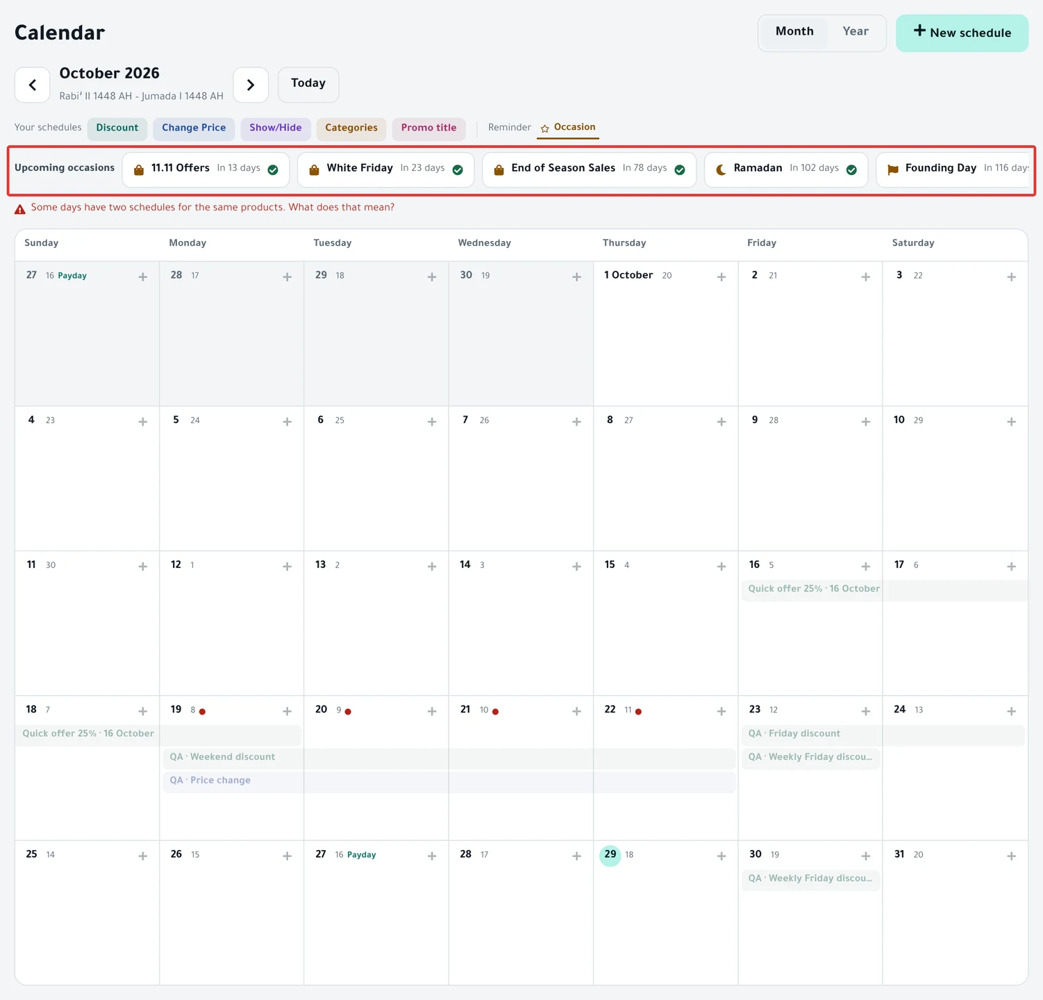 The Calendar in the month view: the schedule bars, the Upcoming occasions strip above them, and the Payday mark on the 27th.