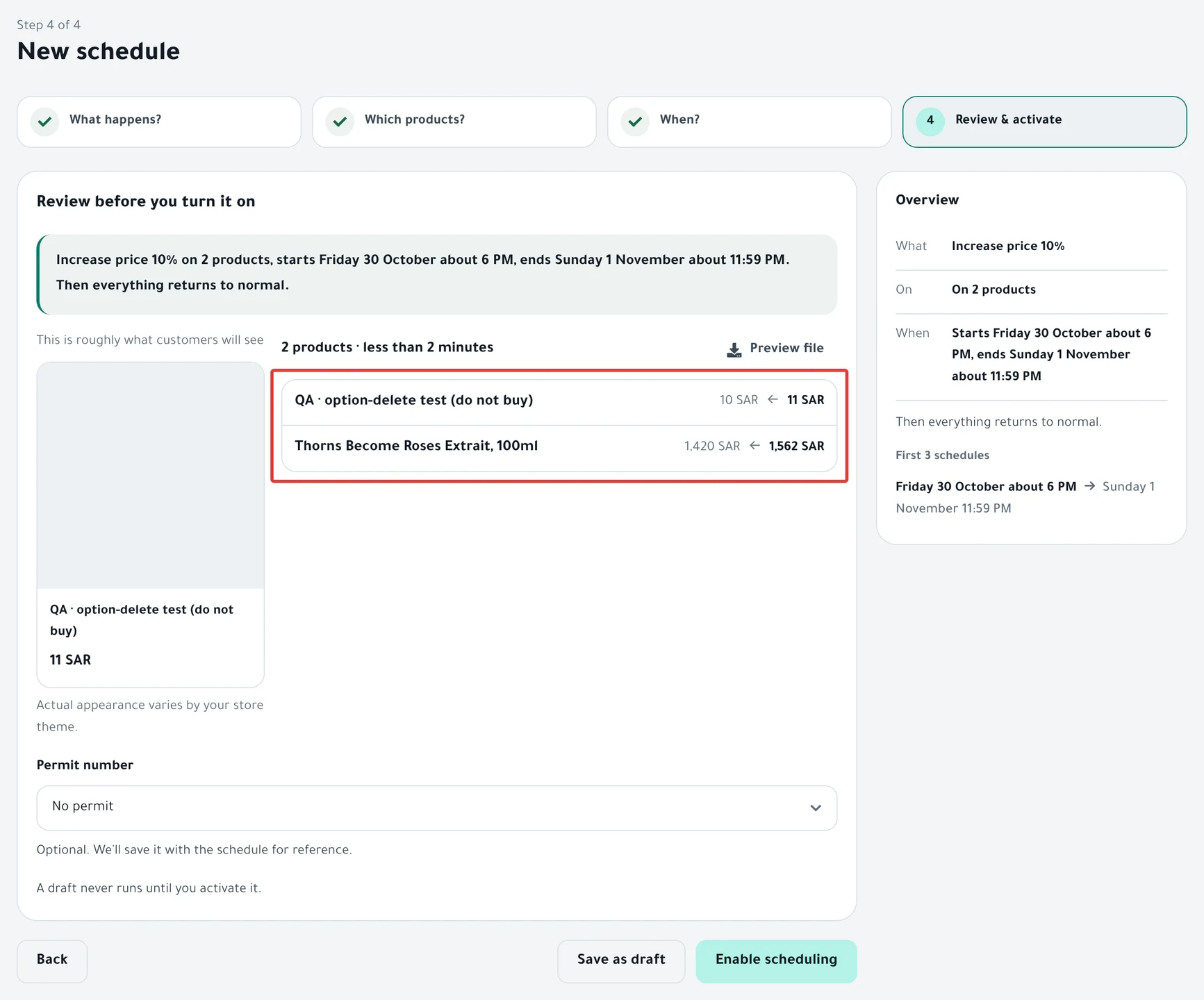 The Review before you turn it on step: the price before and after for the two test products, and the Enable scheduling button.