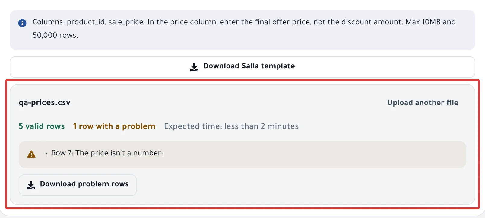The CSV file tab after an upload: the number of valid rows and rows with problems, and the button that downloads the problem rows.
