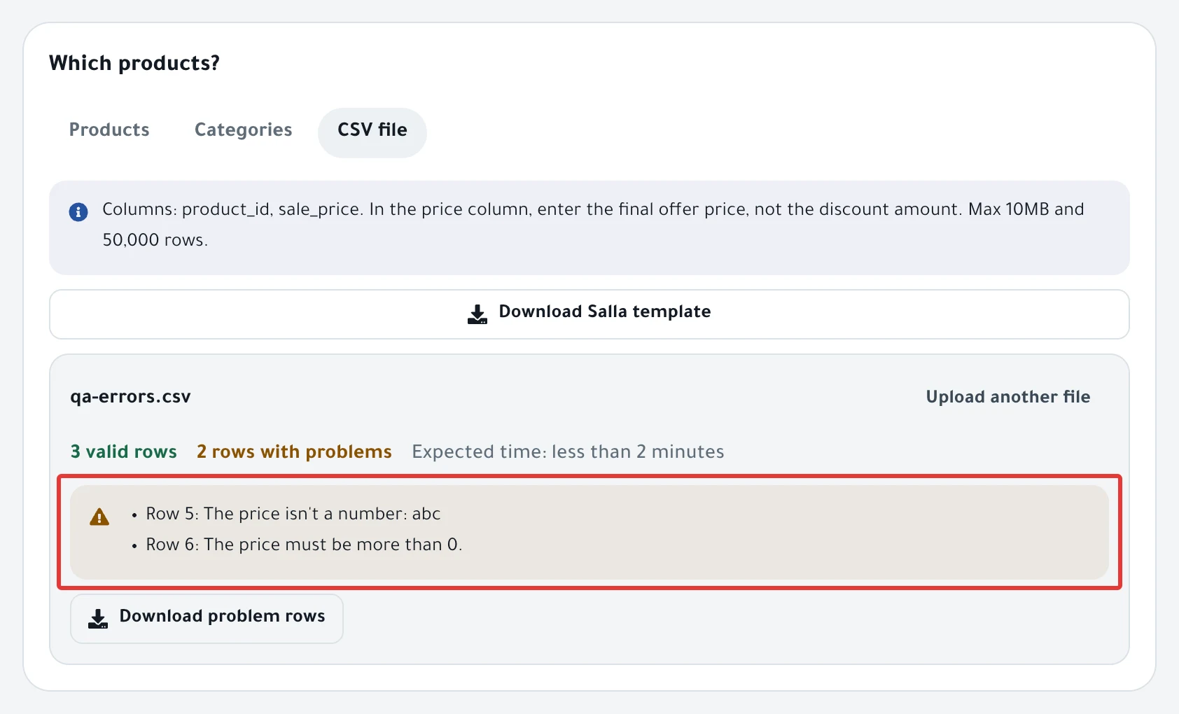 A CSV file after upload: the number of valid rows, "2 rows with problems" with each row's number and reason, and the Download problem rows button.