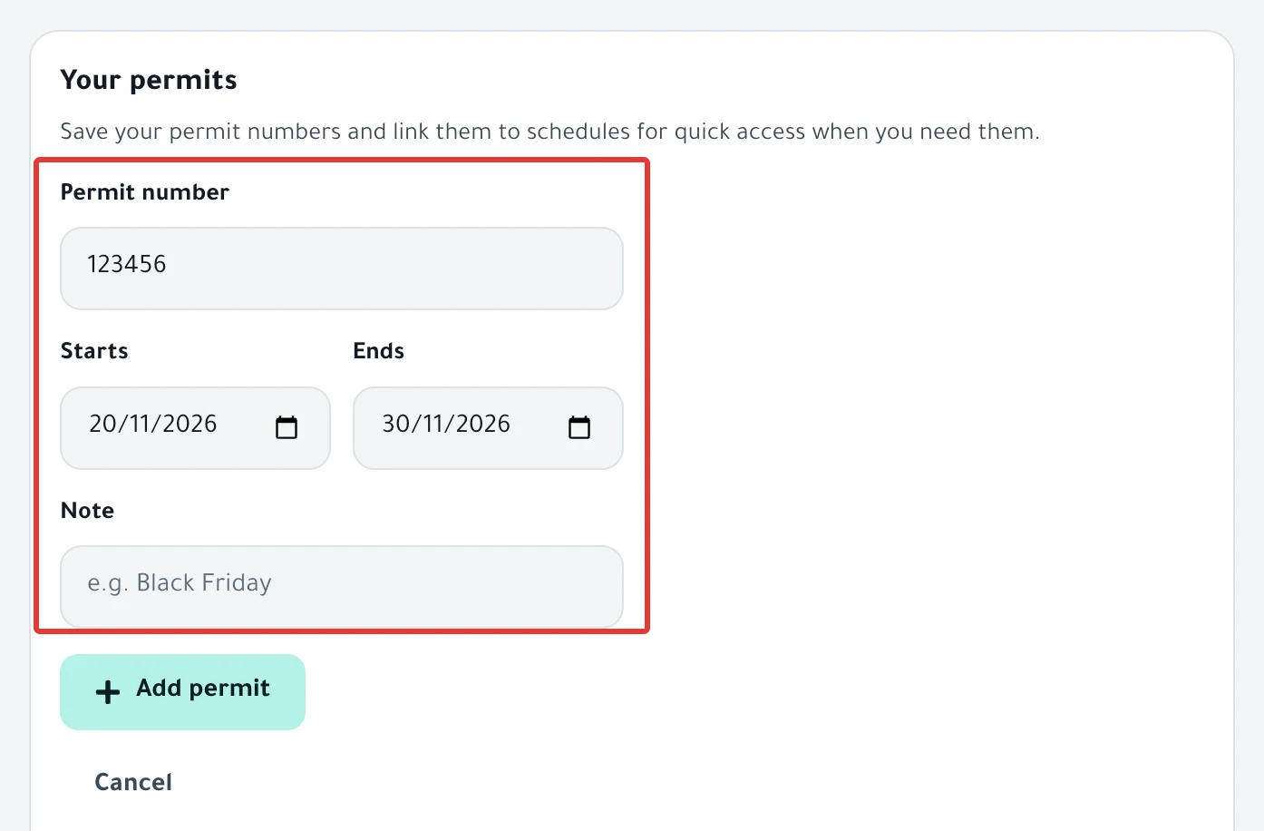 The add permit form: Permit number, Starts, Ends and Note, with the Add permit button under them.