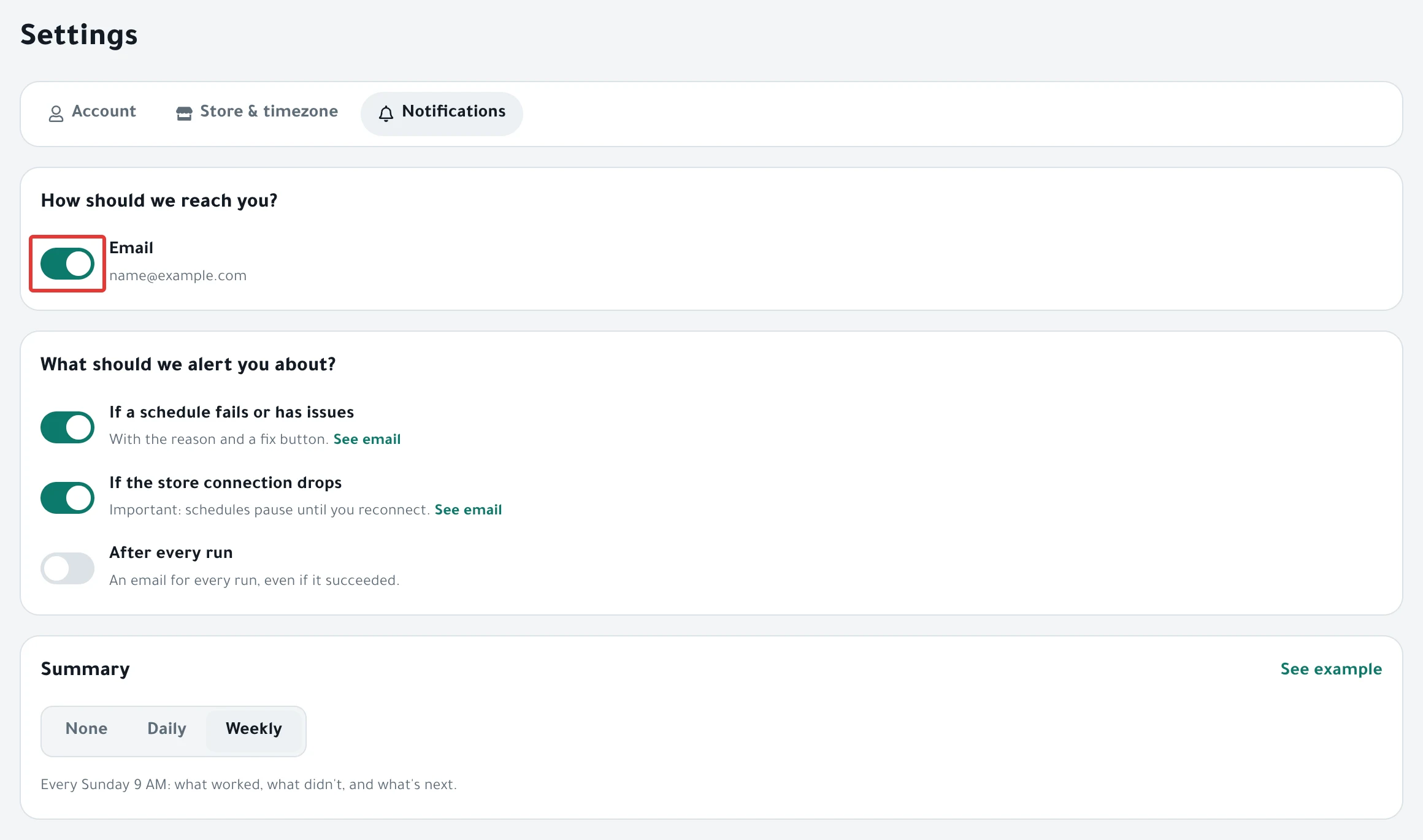 The Notifications tab with the default settings: Email on, the failure and disconnect alerts on, After every run off, and the summary set to Weekly
