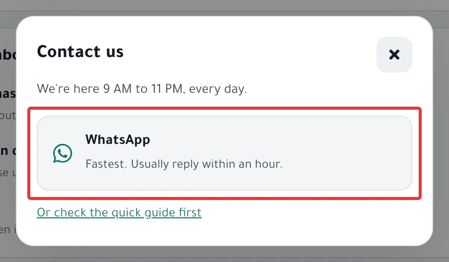 The PopAutomate Contact us dialog, with the support hours, the WhatsApp button and the Or check the quick guide first link