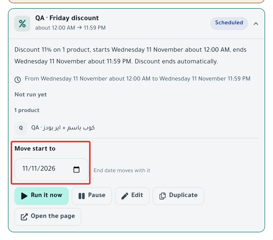 An open schedule card in the day panel, with the Move start to date field under it and "End date moves with it" next to it.