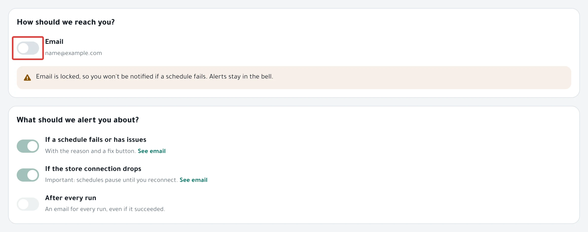 The Notifications tab in Settings, with the Email switch off, the "Email is locked…" message under it, and the other switches grayed out.
