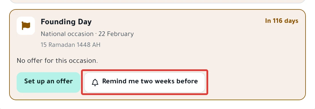 An occasion card in the day panel, with the Remind me two weeks before button next to Set up an offer.