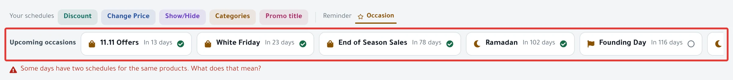The Upcoming occasions strip at the top of Calendar: each occasion with its name and the days left, a check mark or an empty circle next to it, and the Where from? link.