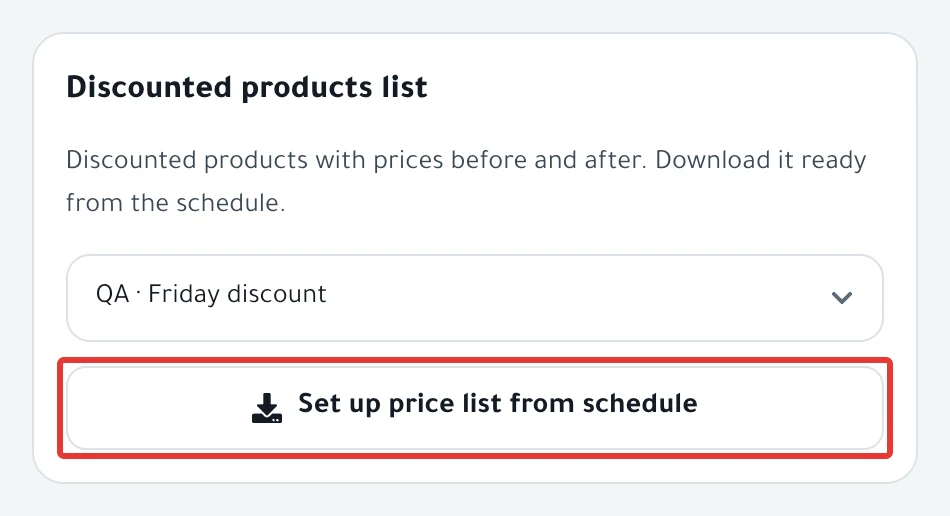 The Discounted products list card on the Discount permits page, with a schedule chosen and the Set up price list from schedule button.