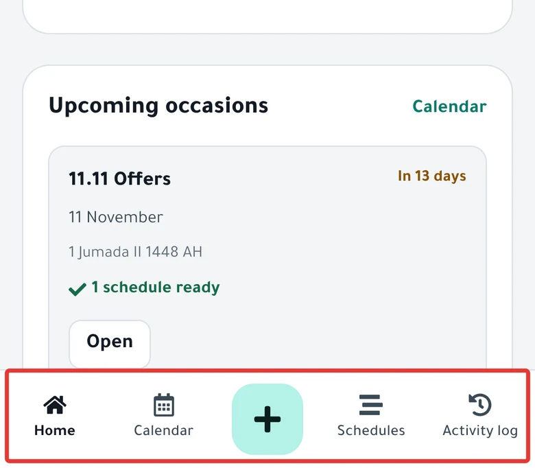 The tab bar on a phone: Home and Calendar, the + button in the middle, then Schedules and Activity log.