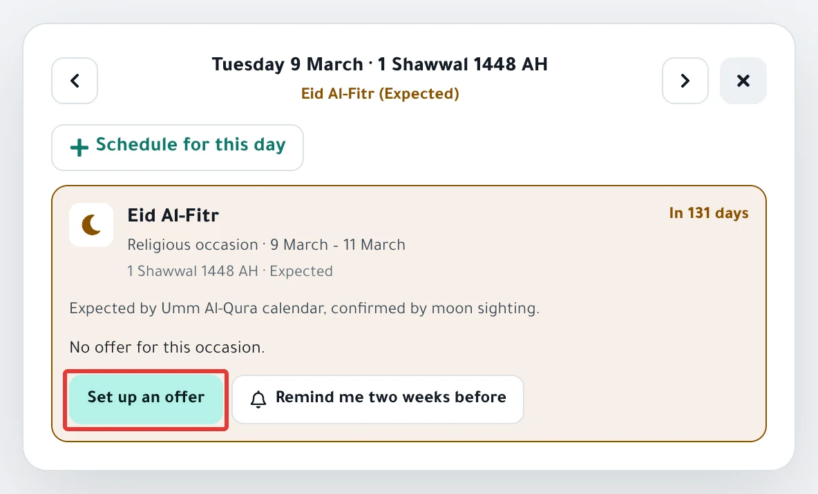 A day panel in Calendar with an occasion card and the Set up an offer button under its name and dates.