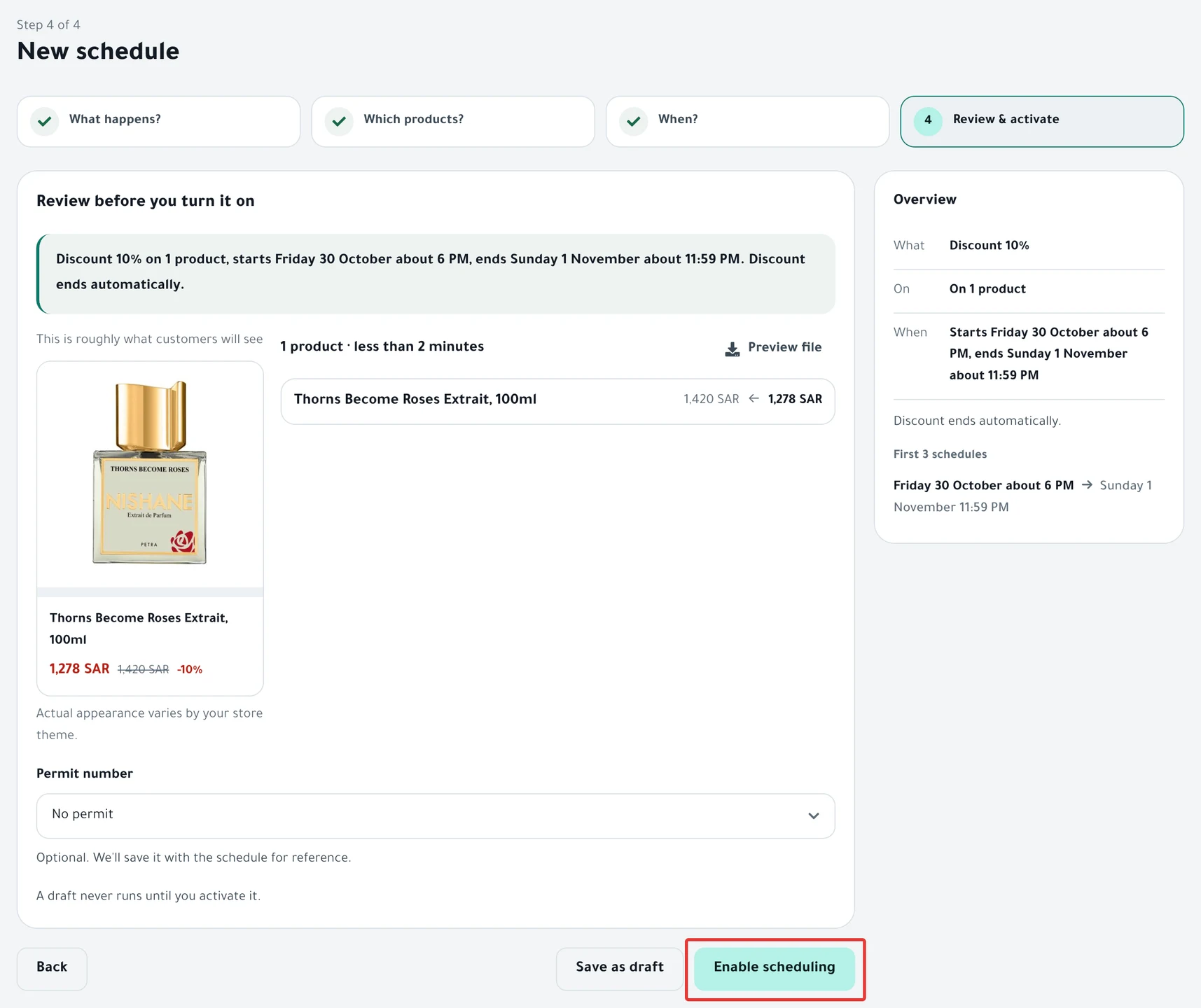 The Review before you turn it on step: the schedule sentence, the price before and after, and the Enable scheduling button.