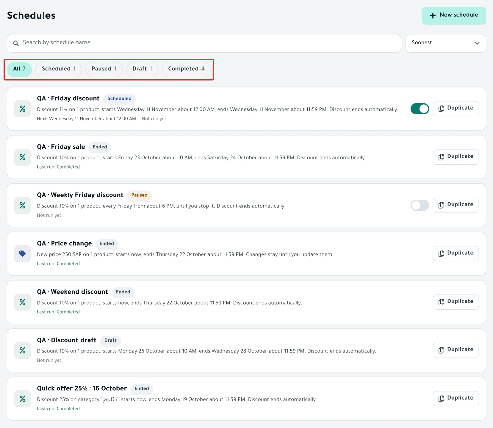 The Schedules list: search and sort, the filter buttons and the schedule rows.