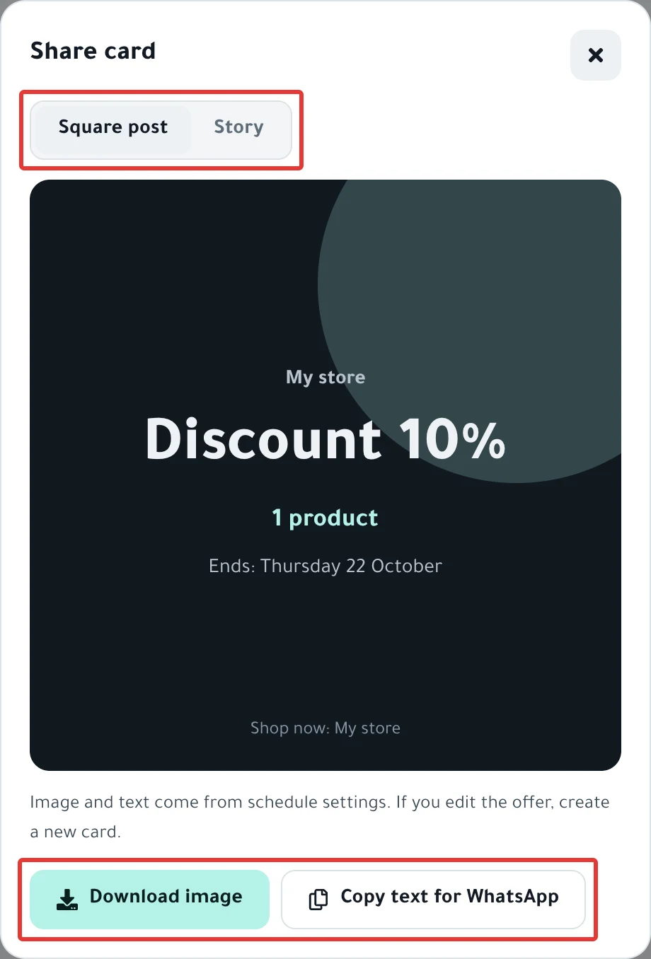 The Share card window: the choice between Square post and Story, the card, and the Download image and Copy text for WhatsApp buttons.