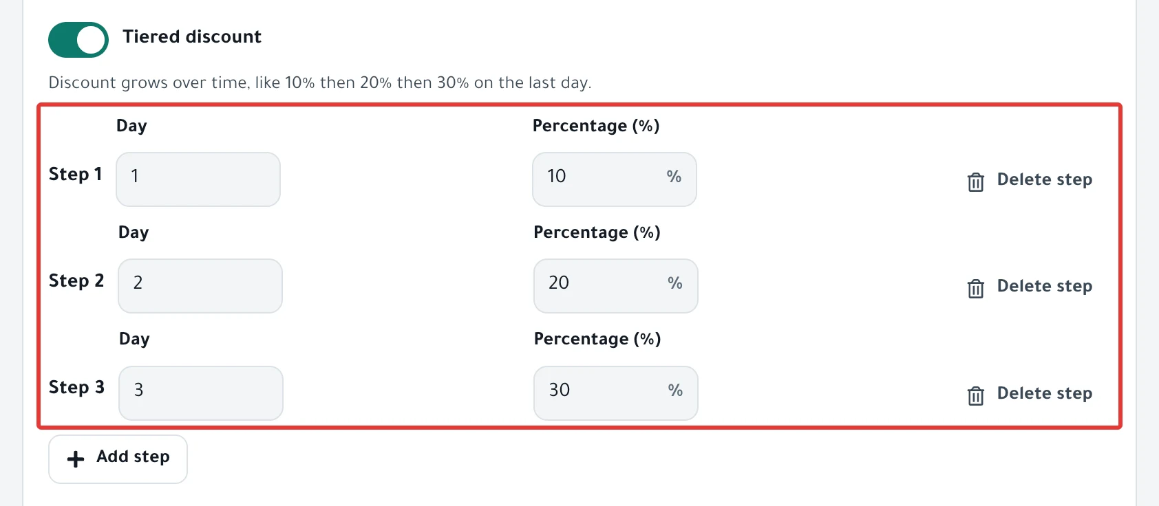 The Tiered discount switch is on, with three steps under it: day 1 at 10%, day 2 at 20% and day 3 at 30%, and the Add step button.