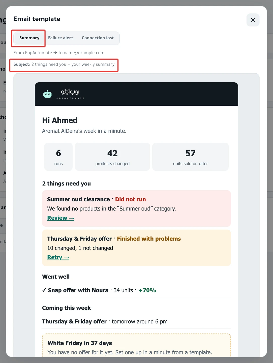 The Email template window on the Summary tab: a sample summary email with demo numbers.