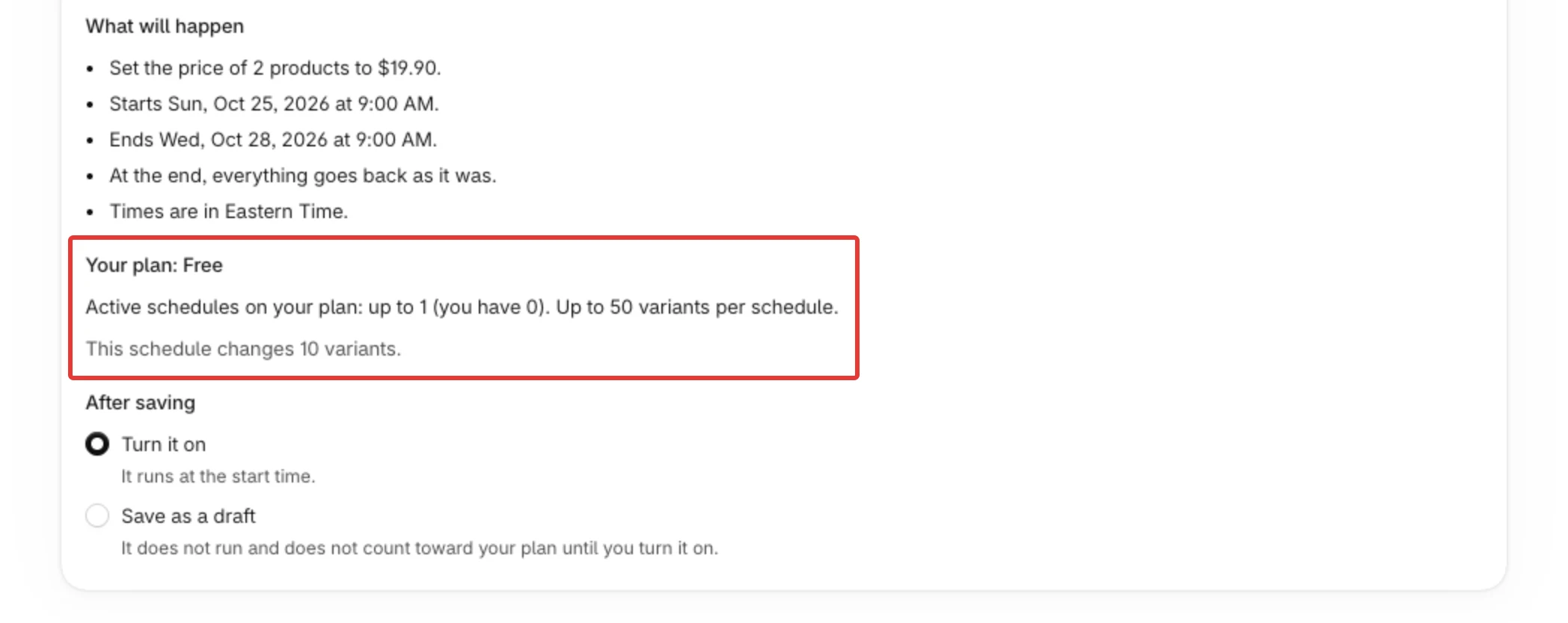 The plan block in 4. Review and save: the plan's limits and the number of variants this schedule changes.