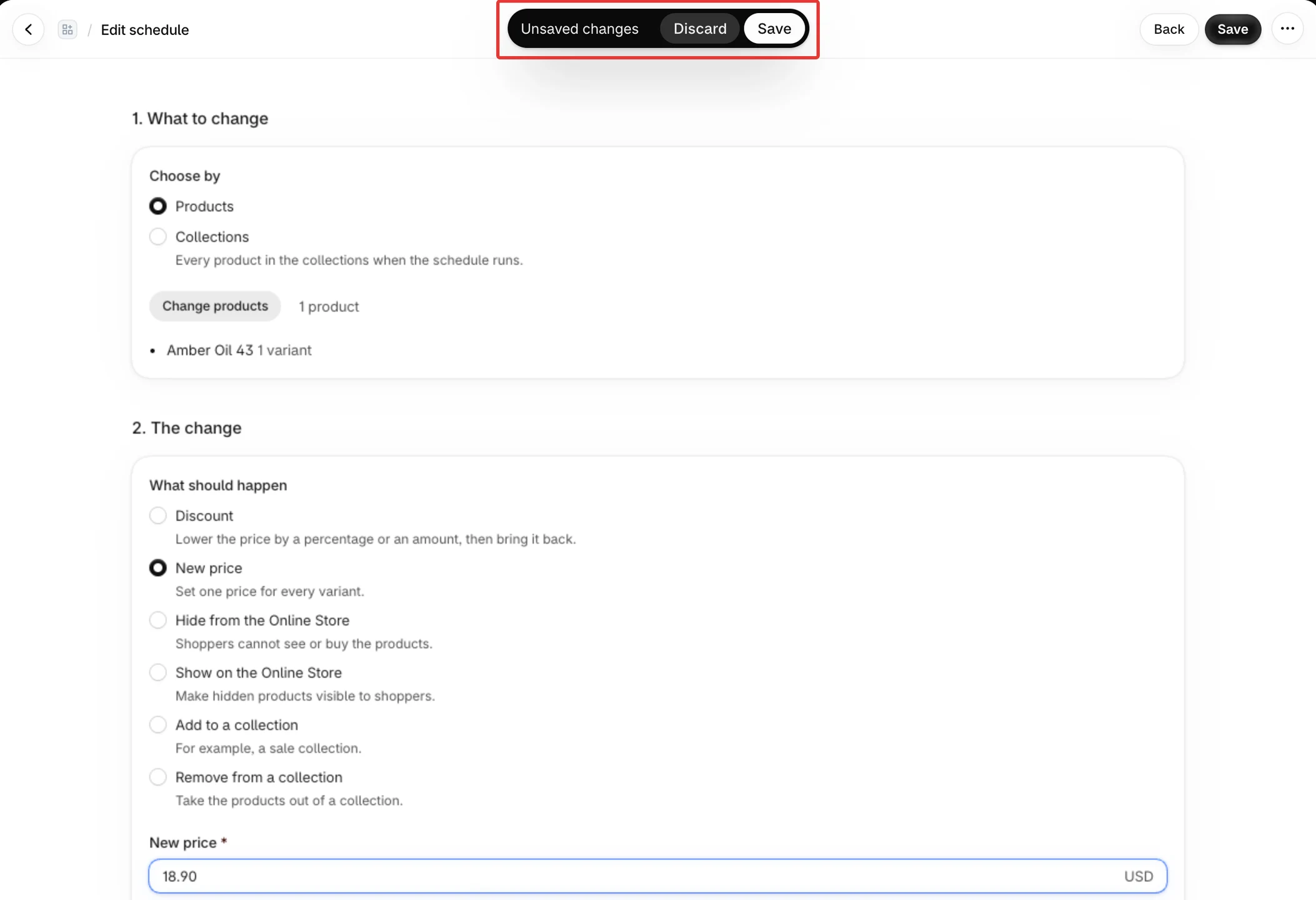 Edit schedule with an unsaved change: the save bar shows Save and Discard.