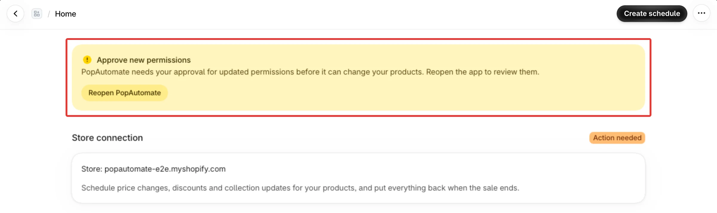 The Approve new permissions banner at the top of Home, with Reopen PopAutomate. The Store connection badge says Action needed.
