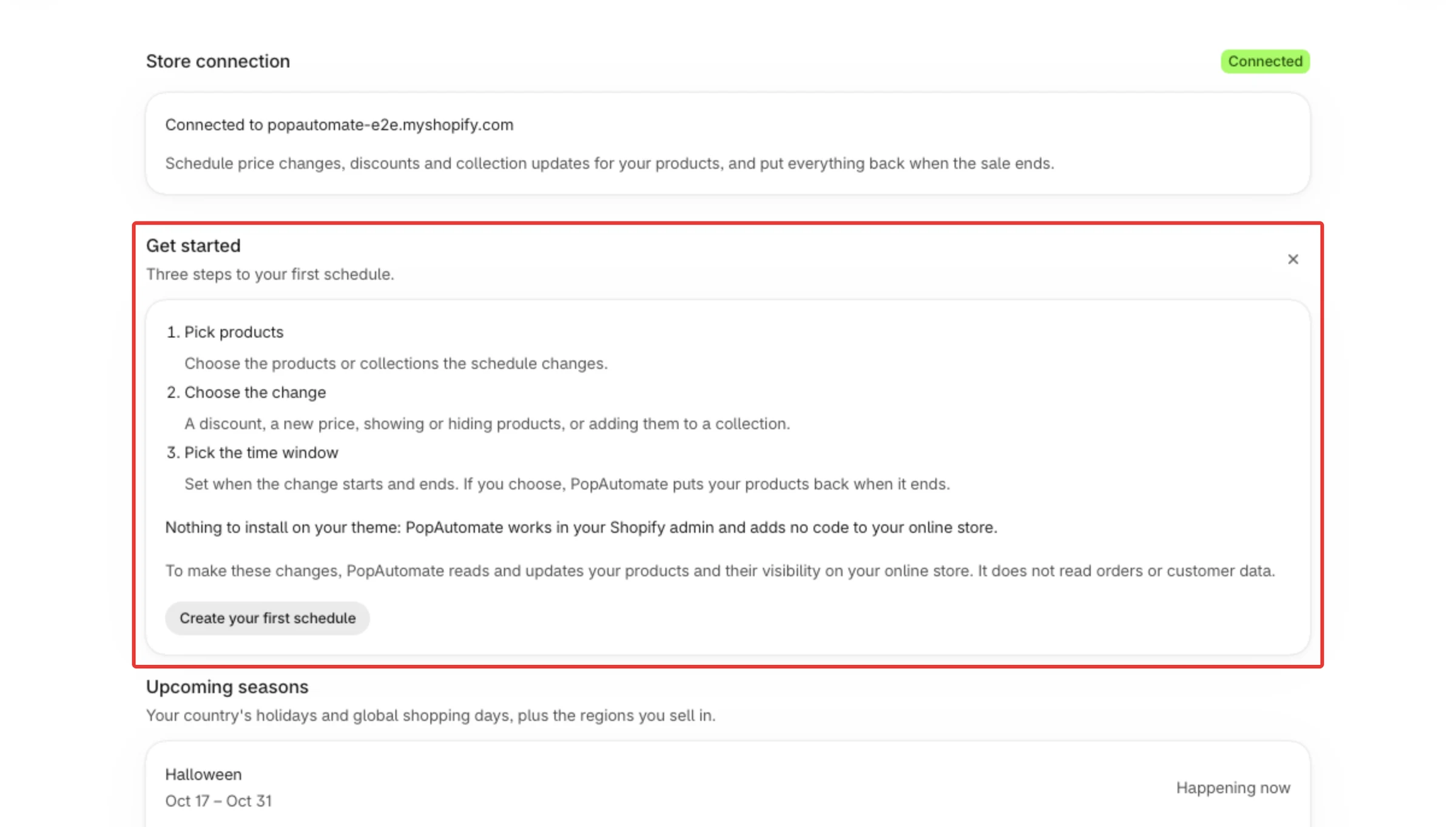 Home for a new store: Store connection with Connected, the Get started guide, and Upcoming seasons below.