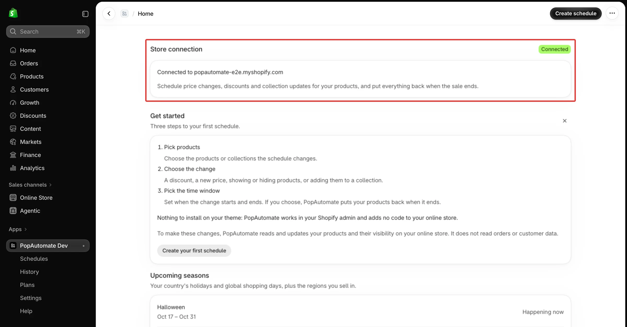 Home right after the install: Store connection shows Connected, and the Get started guide is below it.