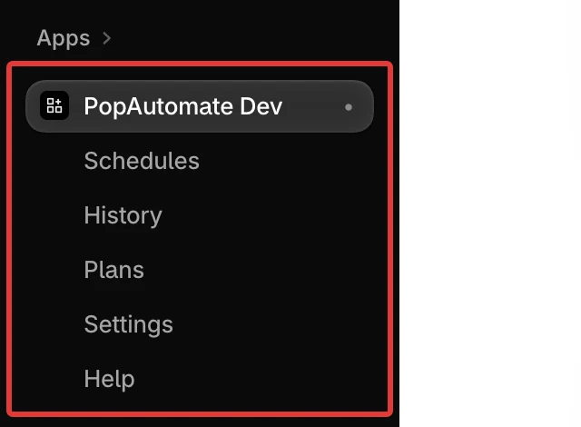 PopAutomate under Apps in the Shopify admin sidebar, with Schedules, History, Plans, Settings and Help below the app name.