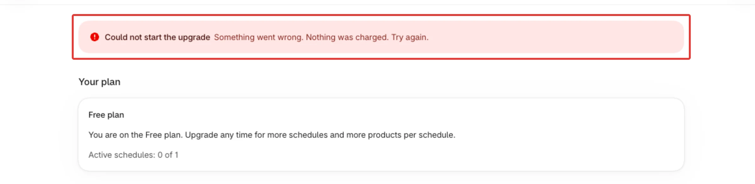 Could not start the upgrade at the top of Plans after selecting Start free trial.