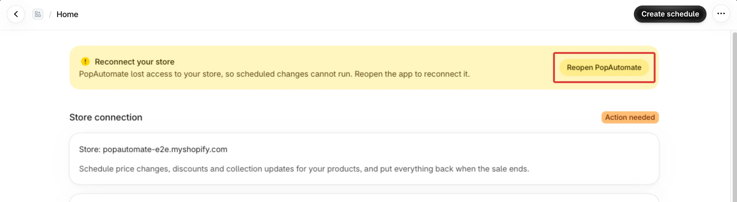The banner Reconnect your store with the button Reopen PopAutomate.