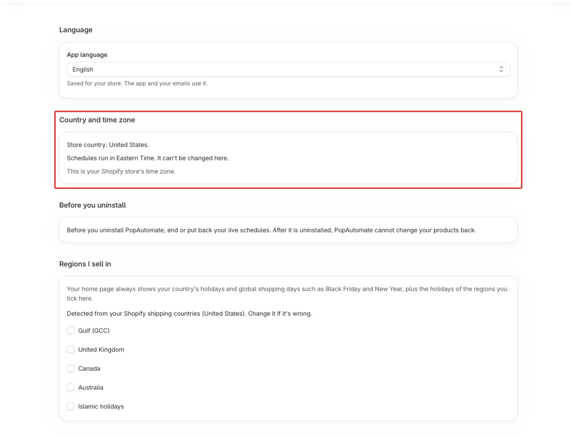 Settings with Language, Country and time zone, Before you uninstall and Regions I sell in.