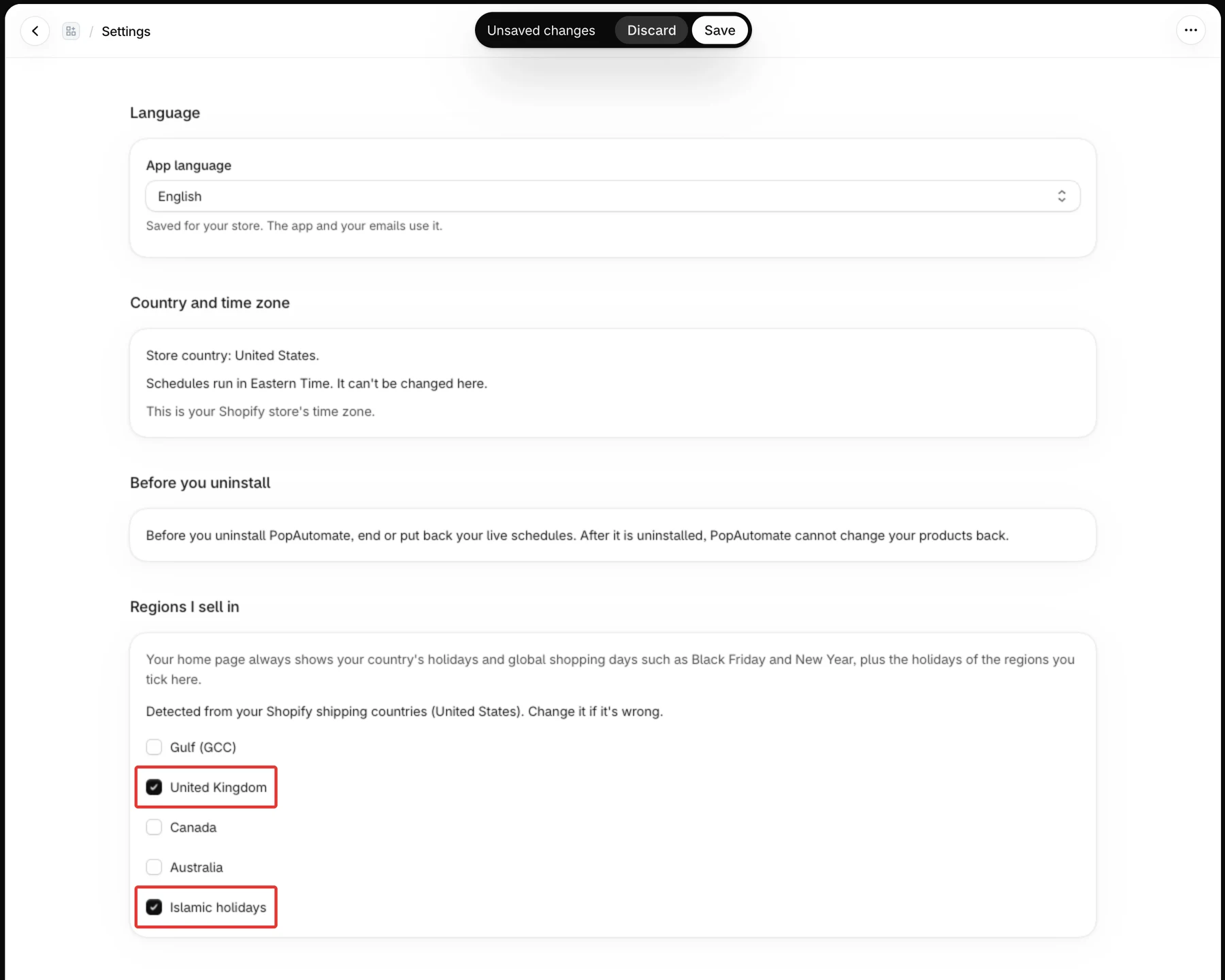 Two regions ticked under Regions I sell in, and Shopify's save bar with Save and Discard at the top.