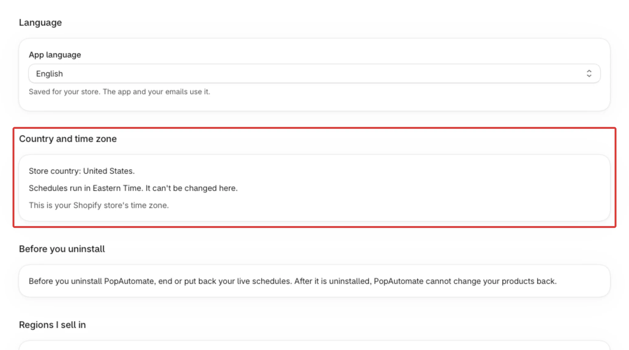 The Country and time zone section of Settings: the store country, the zone schedules run in, and the line that says it is the store's Shopify time zone.
