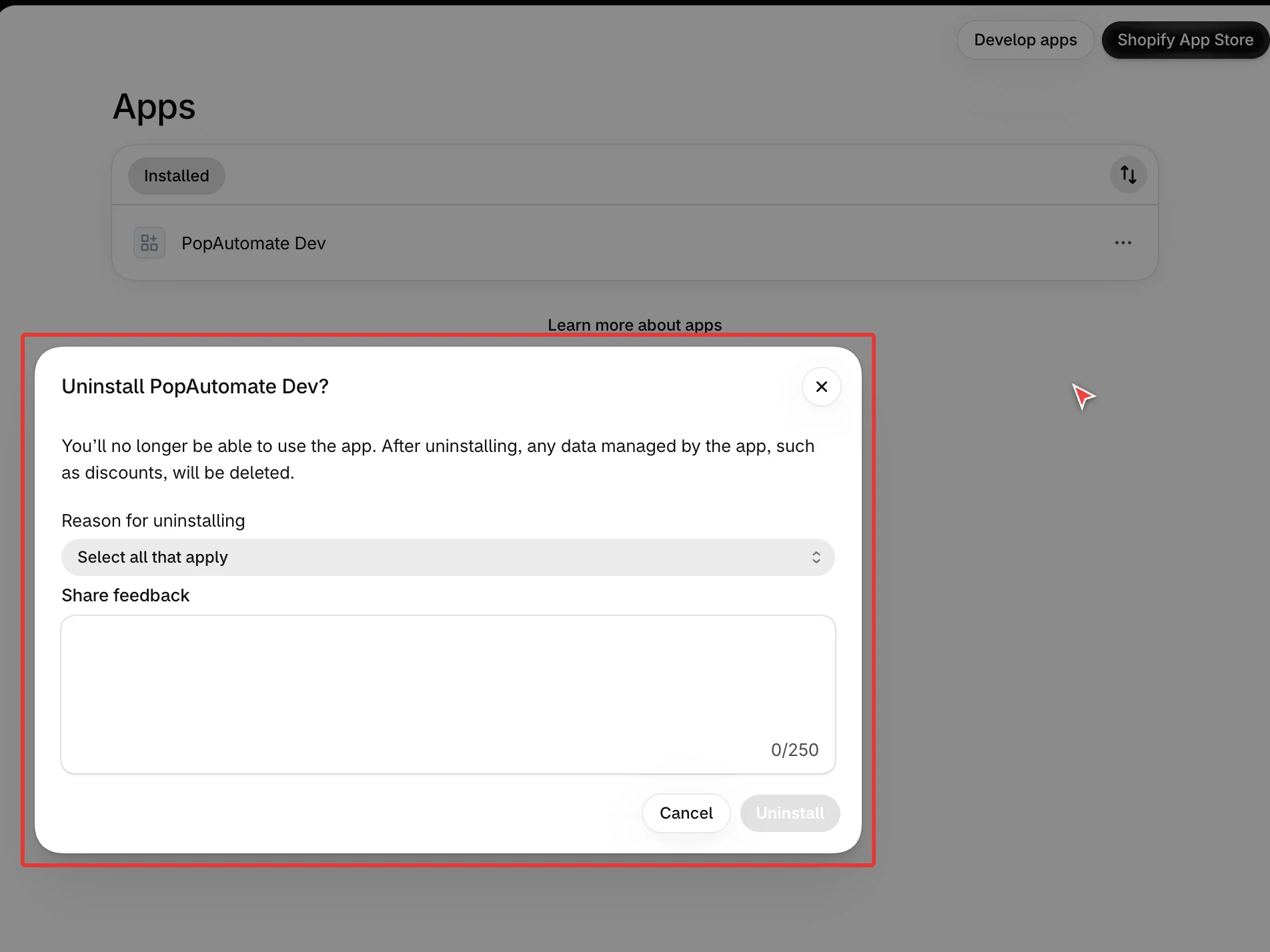 Shopify's uninstall window for PopAutomate, opened from Settings > Apps in the Shopify admin.