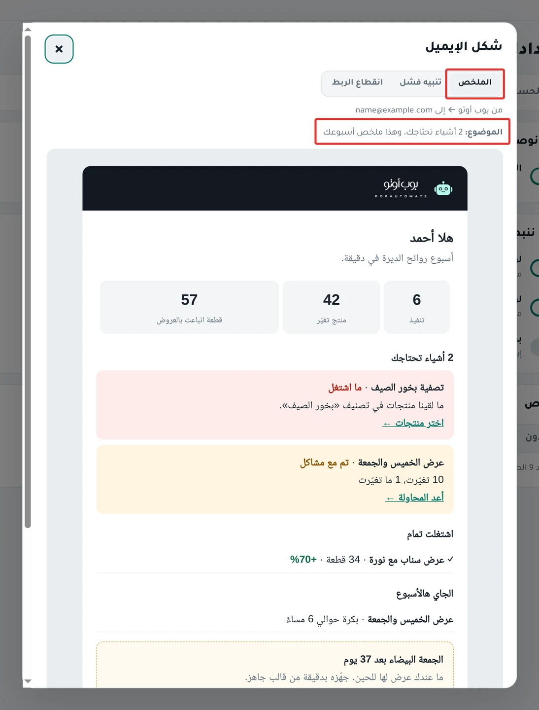 نافذة «شكل الإيميل» على تبويب «الملخص»: مثال لإيميل الملخص بأرقام تجريبية